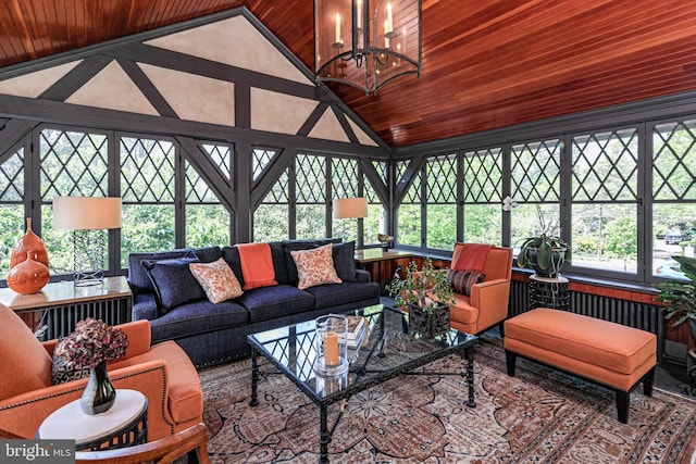 82 Library Pl, Princeton, NJ 08540 - sunroom featuring wood ceiling, healthy amount of natural light, a chandelier, and high vaulted ceiling