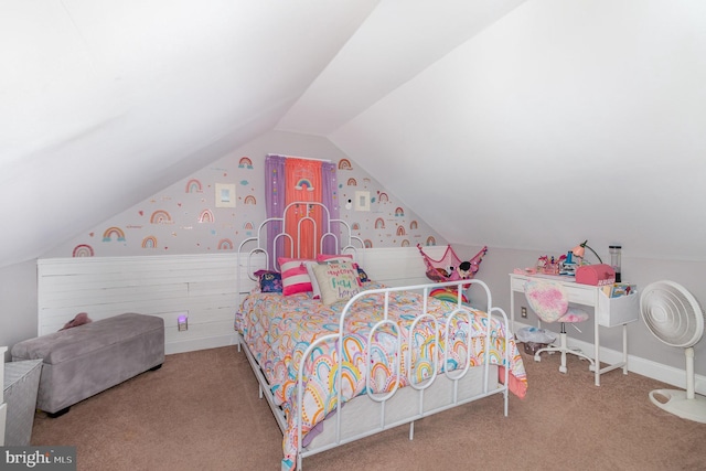 bedroom featuring lofted ceiling, carpet, and baseboards