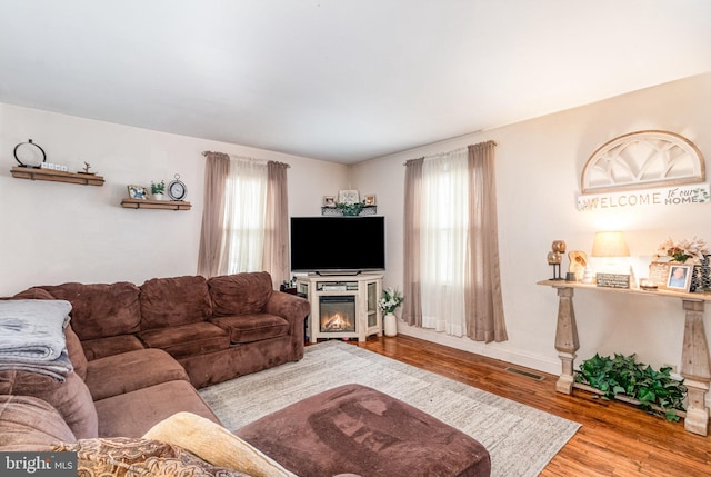 living room with a glass covered fireplace, plenty of natural light, wood finished floors, and baseboards