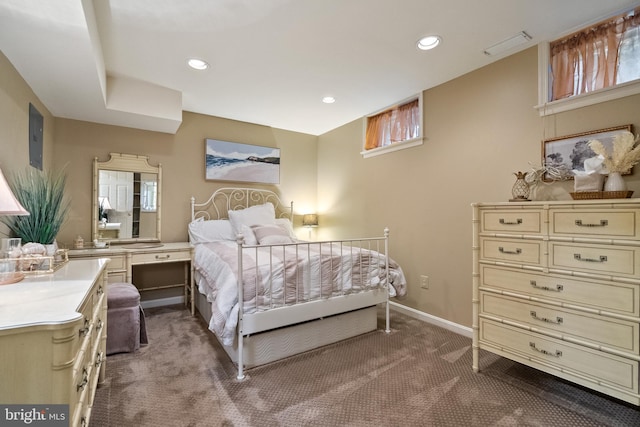 bedroom featuring multiple windows, baseboards, carpet flooring, and recessed lighting