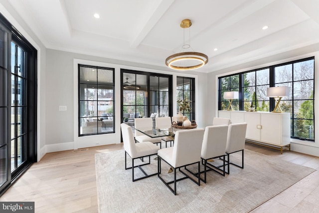 dining area featuring light wood-type flooring, beamed ceiling, baseboards, and recessed lighting