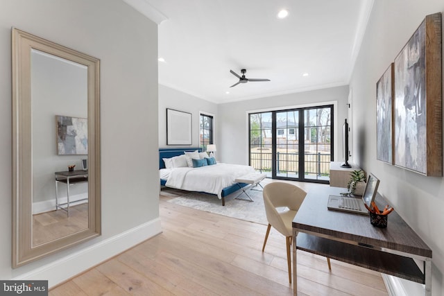 bedroom featuring access to outside, crown molding, baseboards, and hardwood / wood-style flooring