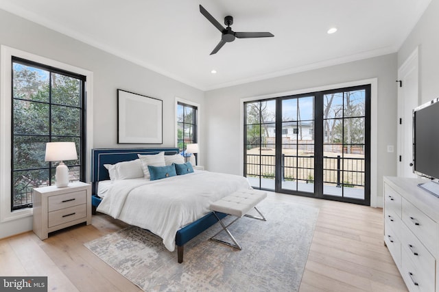 bedroom featuring light wood-type flooring, access to outside, ornamental molding, and recessed lighting