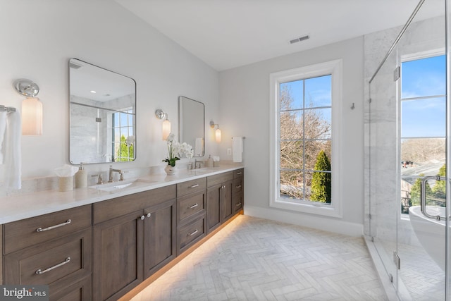 bathroom featuring double vanity, a healthy amount of sunlight, and a sink