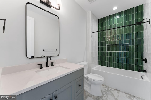 bathroom featuring visible vents, toilet,  shower combination, marble finish floor, and vanity