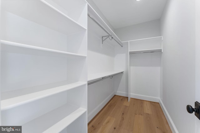 walk in closet with light wood-style floors