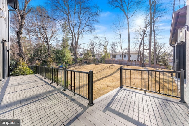 wooden terrace with a fenced backyard and a yard