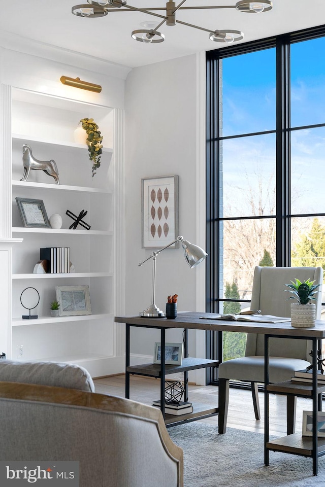 office featuring built in shelves and wood finished floors