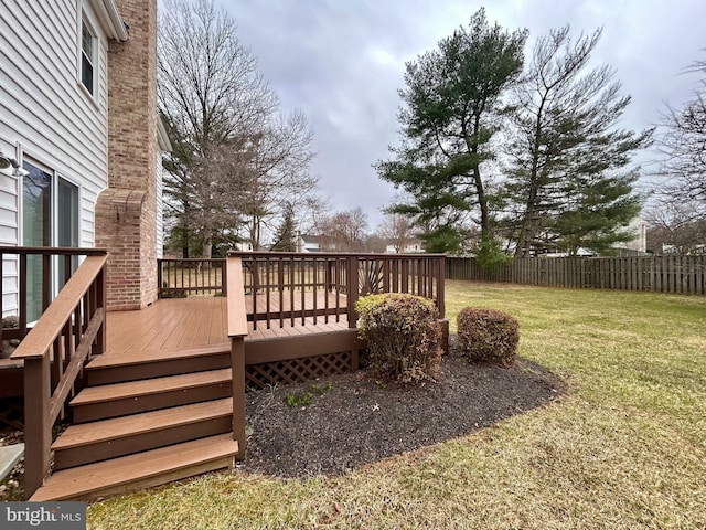 wooden terrace featuring a yard and fence