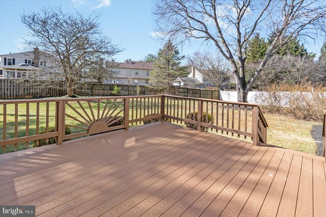 wooden terrace with a fenced backyard