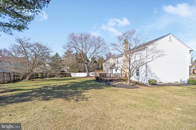 view of yard with a wooden deck and a fenced backyard