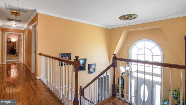 corridor featuring visible vents, an inviting chandelier, hardwood / wood-style floors, and crown molding