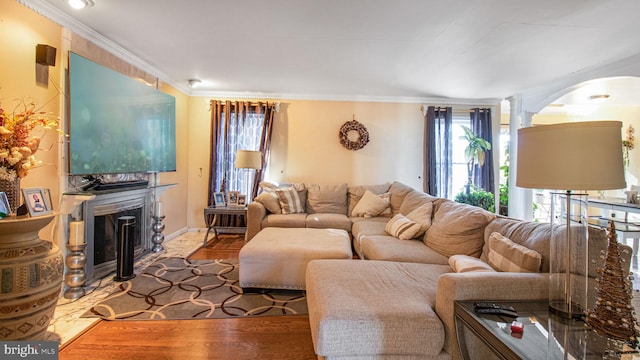 living room featuring a fireplace with raised hearth, wood finished floors, decorative columns, and ornamental molding