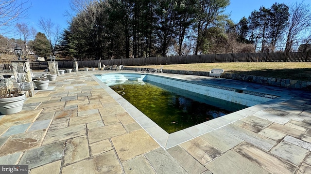 view of pool featuring a patio area, a yard, a fenced backyard, and a fenced in pool