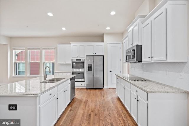 kitchen featuring stainless steel appliances, white cabinetry, a sink, and decorative backsplash