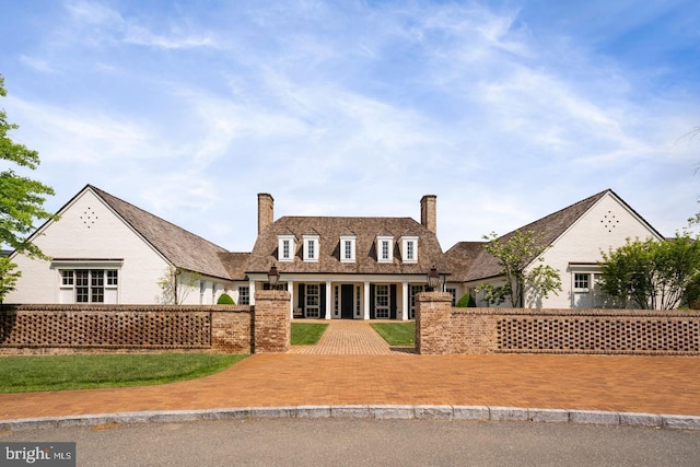 view of front of property with a fenced front yard, a front yard, and a chimney