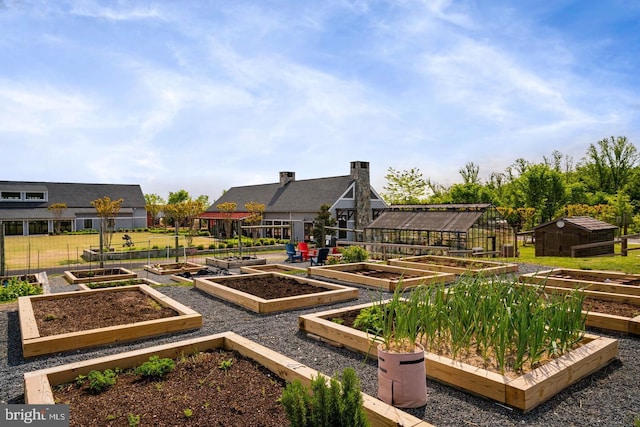 view of property's community featuring an outbuilding and a vegetable garden