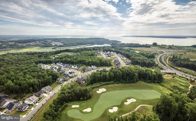 bird's eye view with a water view and golf course view