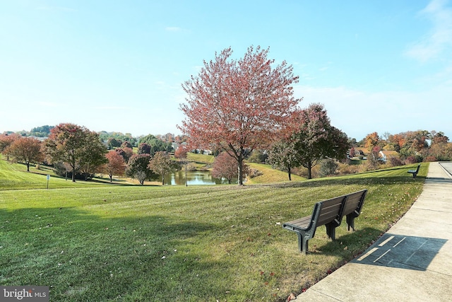 surrounding community featuring a water view and a lawn