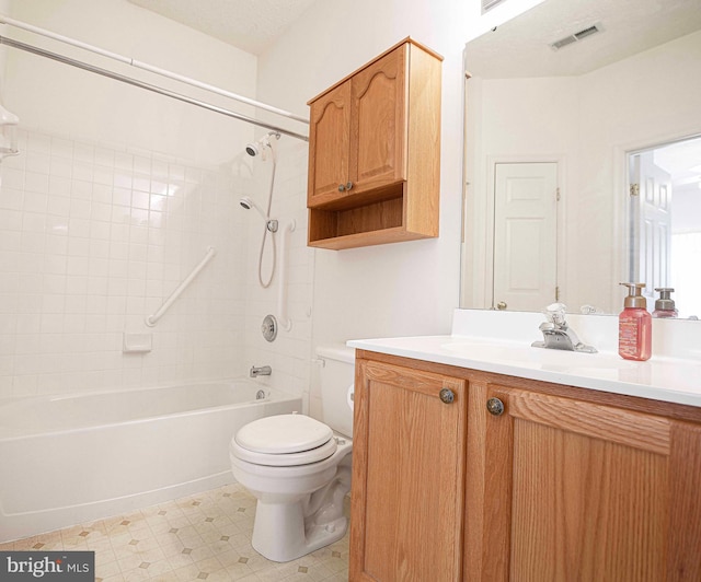 full bathroom with tile patterned floors, visible vents, toilet, tub / shower combination, and vanity