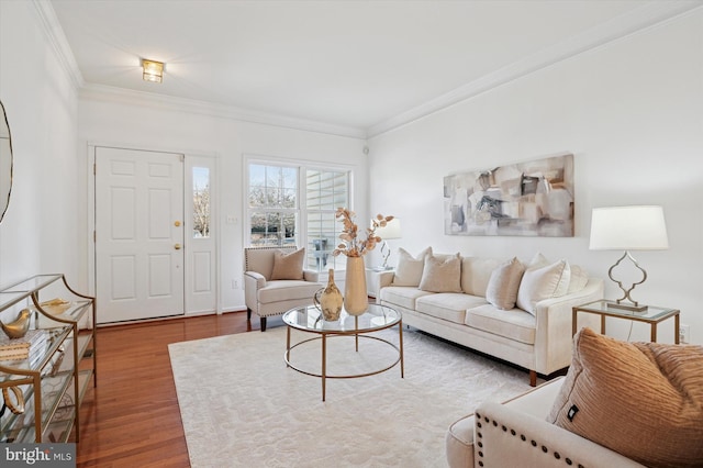 living room featuring wood finished floors and crown molding