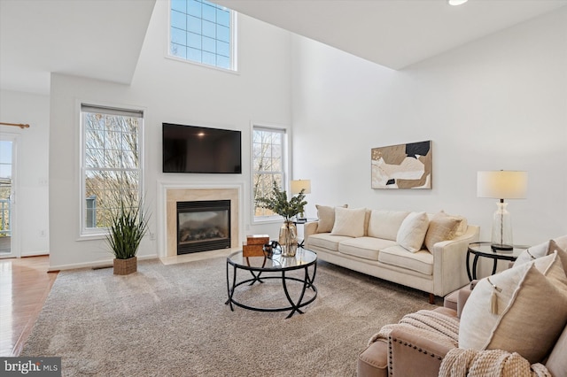 living area with a fireplace, baseboards, and wood finished floors