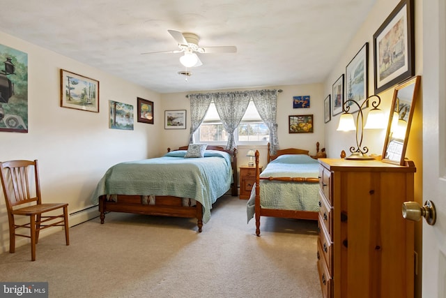 bedroom with light carpet and ceiling fan