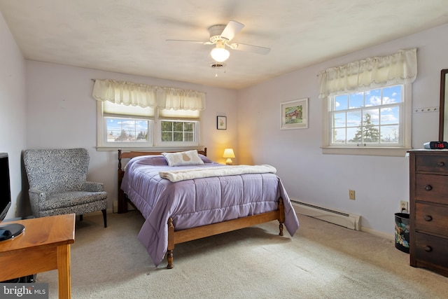 bedroom with carpet floors, multiple windows, a baseboard radiator, and a ceiling fan