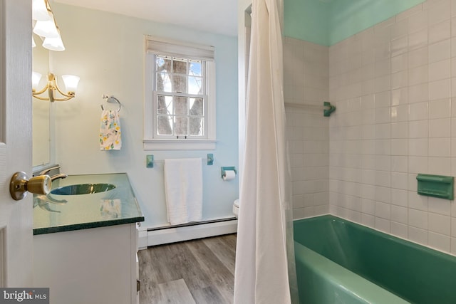 full bath featuring a baseboard radiator, toilet, wood finished floors, vanity, and shower / bathtub combination with curtain