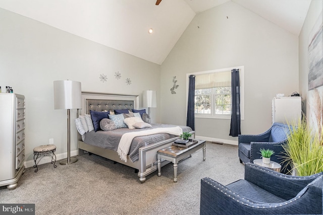 bedroom featuring high vaulted ceiling, baseboards, and light carpet