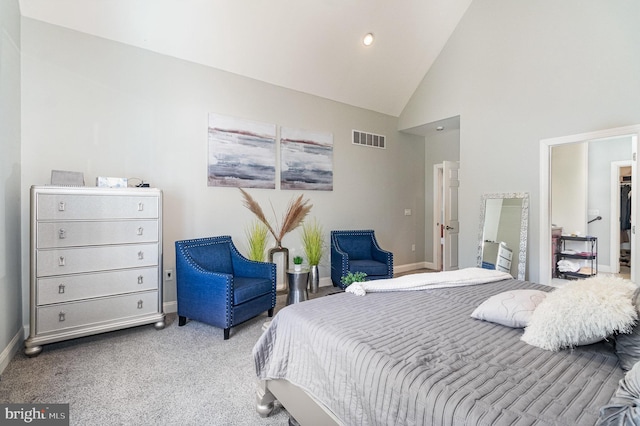 bedroom with high vaulted ceiling, carpet, visible vents, and baseboards