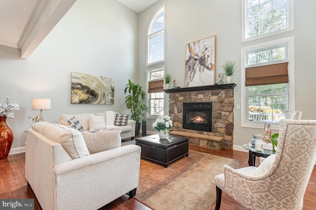 living area with baseboards, a stone fireplace, and wood finished floors