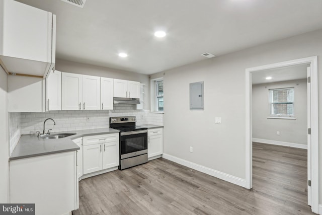 kitchen with visible vents, a sink, stainless steel range with electric cooktop, under cabinet range hood, and tasteful backsplash