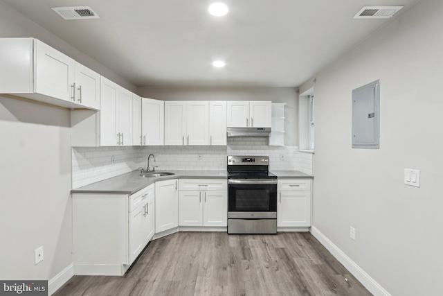 kitchen with visible vents, under cabinet range hood, electric panel, stainless steel range with electric cooktop, and a sink