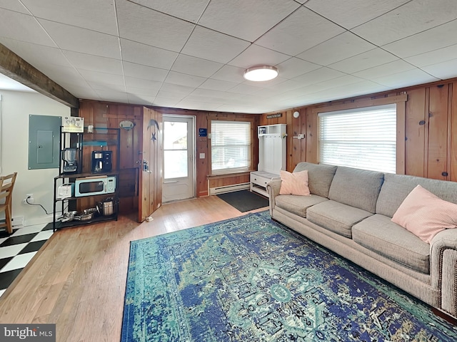 living area with electric panel, wooden walls, and wood finished floors