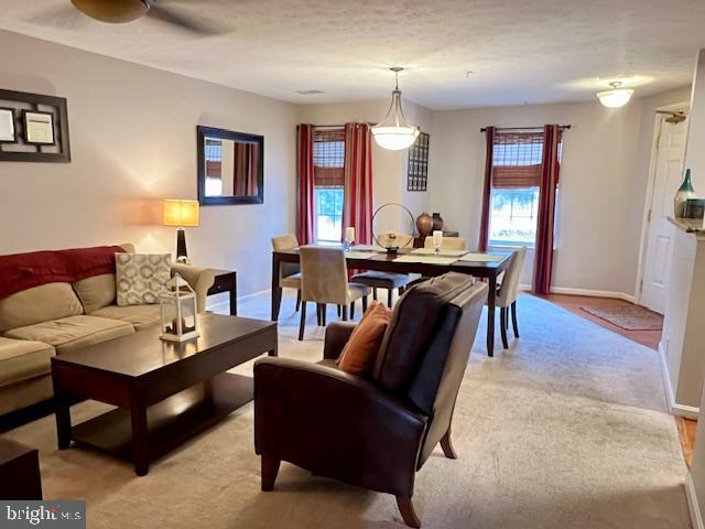 living room with baseboards and light carpet