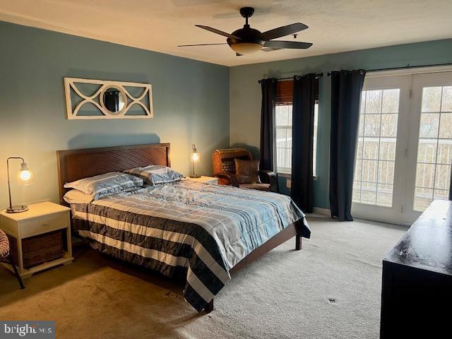 bedroom with a ceiling fan, access to exterior, and carpet