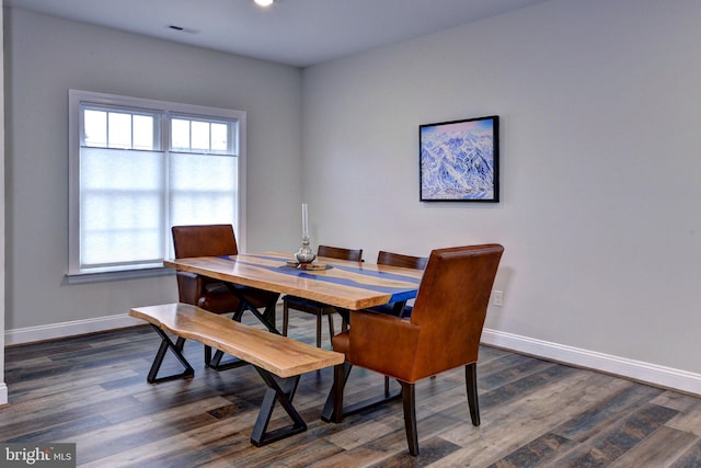 dining room with visible vents, dark wood-type flooring, and baseboards