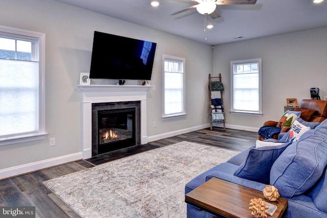 living area with dark wood-type flooring, recessed lighting, baseboards, and a premium fireplace