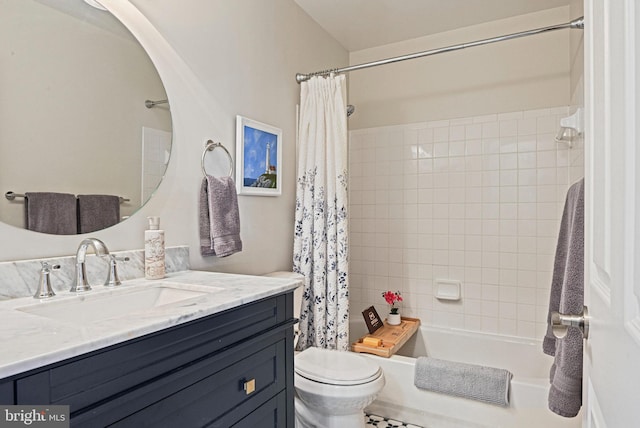 bathroom with vanity, toilet, and shower / tub combo with curtain