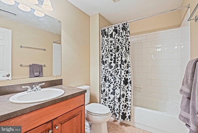 full bathroom featuring visible vents, toilet, tile patterned floors, shower / bath combination with curtain, and vanity