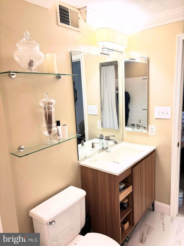 bathroom featuring visible vents, marble finish floor, toilet, and vanity