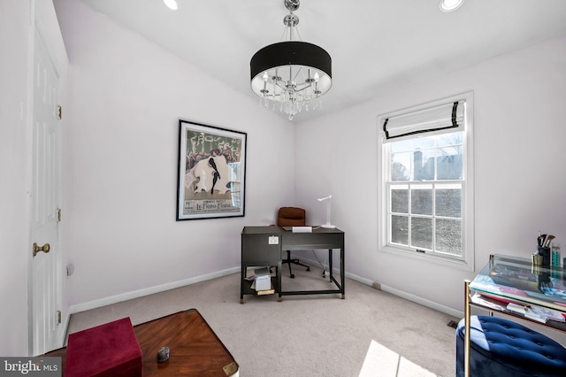 carpeted office space featuring an inviting chandelier, baseboards, and recessed lighting
