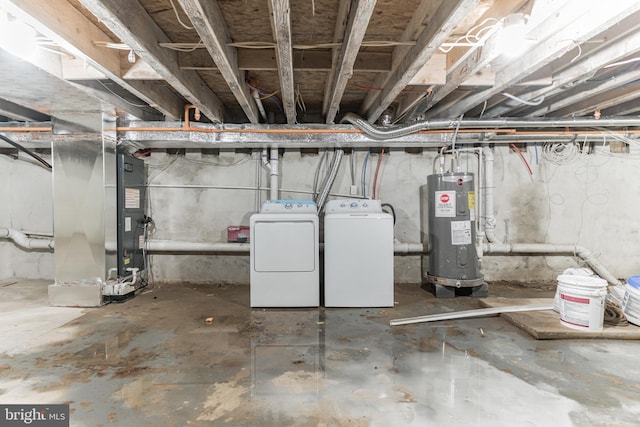 unfinished basement with independent washer and dryer, electric water heater, and heating unit