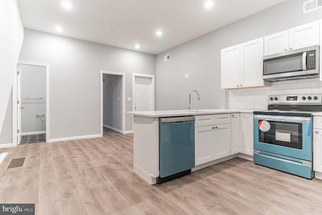 kitchen featuring visible vents, decorative backsplash, appliances with stainless steel finishes, white cabinets, and a peninsula