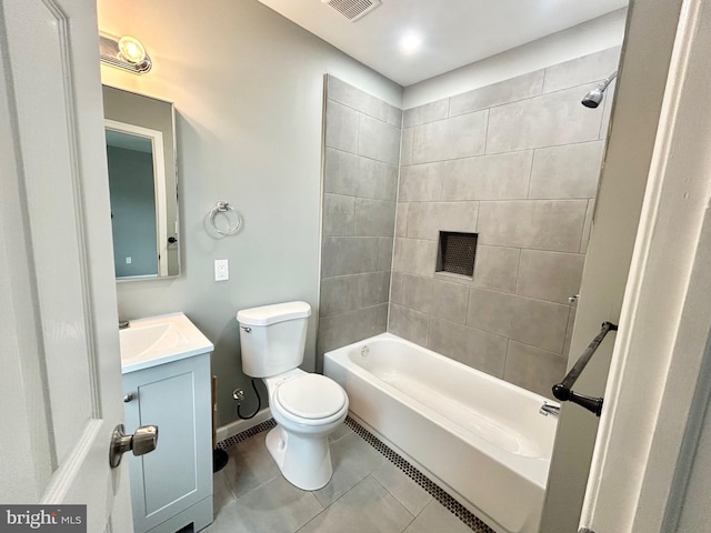 full bathroom with toilet, visible vents, vanity, tile patterned floors, and washtub / shower combination