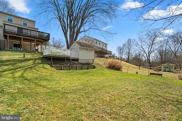 view of yard featuring a deck and fence