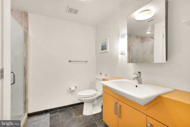 full bath with toilet, vanity, a shower stall, and visible vents