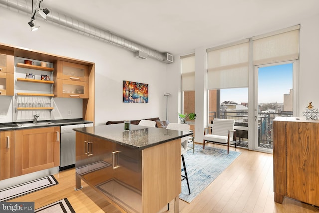 kitchen featuring dishwasher, a wall of windows, light wood-type flooring, and a sink