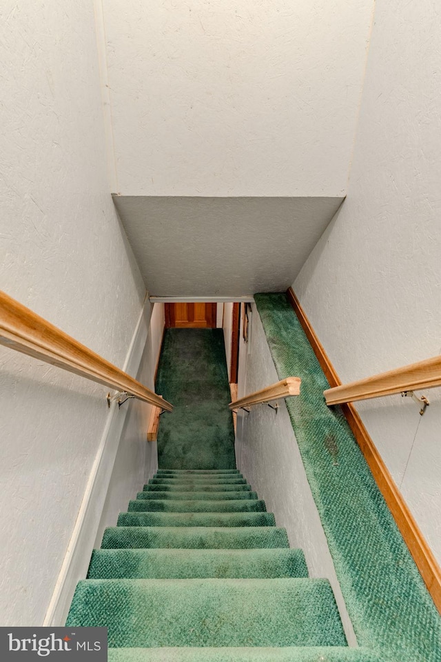 staircase featuring carpet floors and a textured wall